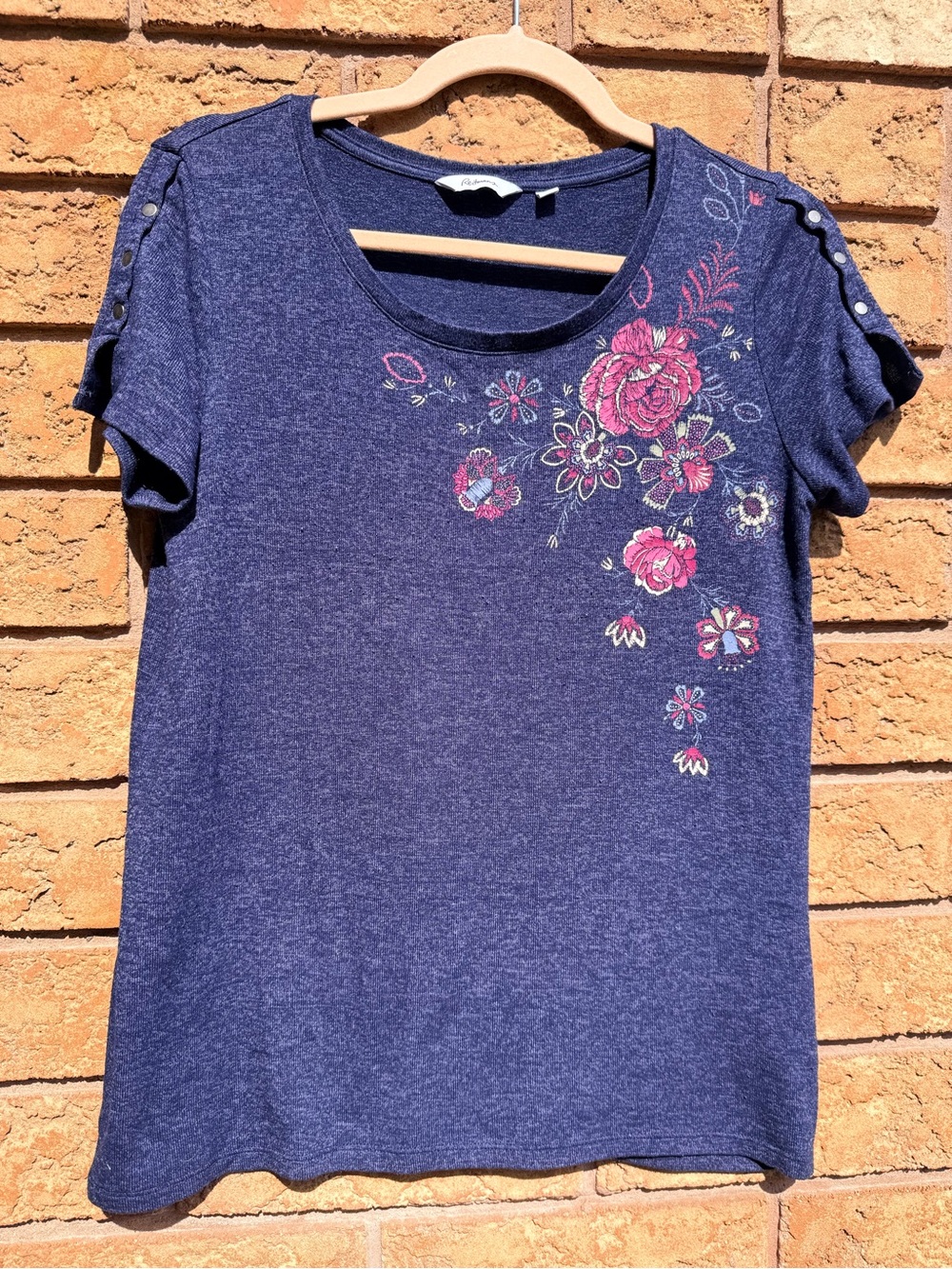 4/$25 • Reitmans Navy Heathered Tee with Pink Floral Embroidery